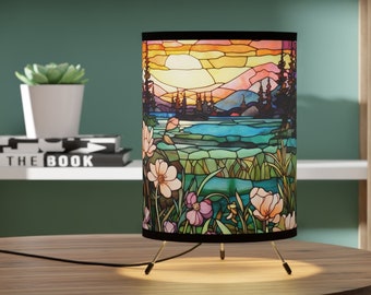 Lampe de bureau coucher de soleil forêt de fleurs sauvages | effet vitrail coloré | Unique Home Accents Eclairage esthétique vert pêche jaune orange
