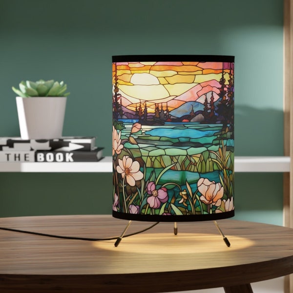 Wildflower Forest Sunset Desk Table Lamp | Colorful Stained Glass Effect | Unique Home Accents Aesthetic Lighting  Green Peach Yellow Orange