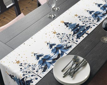 Table Runner | Blue Christmas Trees Holiday Dining Decor | Cotton Bed Runner | Poly Blend | Starry Festive Blue White Gold Winter Home Decor