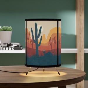 Retro Americana Desk Table Lamp | Colorful SW Desert Cactus | Unique Home Accents Aesthetic Lighting | Red Orange Yellow Beige Green Black