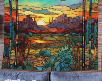 SW Desert Sunset Tapestry | Stained Glass Design Landscape Wall Hanging | Southwest Nature Scenery Mountain Sunrise Cactus Home Wall Décor