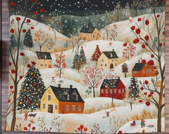 Könnte beinhalten: Ein rechteckiger Wandbehang mit einer Winterlandschaft, die verschneite Hügel, mehrere Häuser in Gelb- und Rottönen, immergrüne Bäume und kahle Bäume mit roten Beeren zeigt. Kleine Figuren sind beim Skifahren und Rodeln dargestellt.