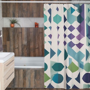 Abstrakter Duschvorhang | Bunte Geometrische Badezimmer-Sets | Blau, Grün, Lila, Weiß Badematten | Einzigartig Maximaler Farbtupfer Bad Set