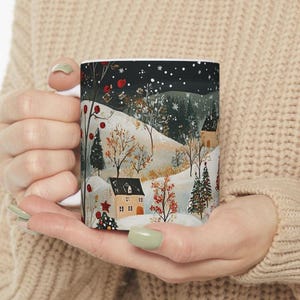 Retro Christmas Village Ceramic Mug | Small Town Snowy Day Countryside Landscape Coffee Cup | Winter Holiday Gift | Christmas Cocoa Mug Sets