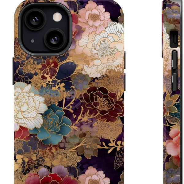 Chiyogami Flowers MagSafe Tough Phone Case | Japanese Floral Aesthetic fits iPhone 15 14 13 Pro Plus Pro Max Mini | Plum Rust Red Gold Pink