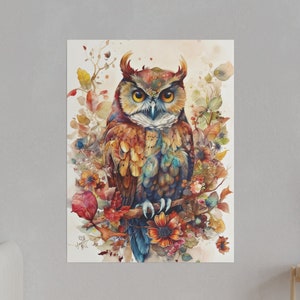 Fall Autumn Watercolor Owl Wall Hanging | Square & Vertical Options | Canvas Wall Décor | Colorful Cozy Boho Floral Animal Birds Artwork