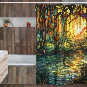 Weeping Willow Bayou Shower Curtain | Colorful Stained Glass | Bathroom Décor | Green Orange Blue Yellow | Custom Abstract Landscape Sunset