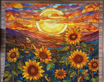Sunflower Field Sunset Tapestry | Stained Glass Design Landscape Fabric Wall Hanging | Flower Meadow Sunrise Dragonfly Wall Art Green Orange