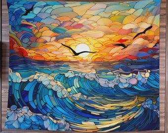 Ocean Beach Sunset Tapestry Stained Glass Design Landscape Wall Hanging | Beachy Waves Nature Scenery Sunrise Home Wall Décor | Blue Orange