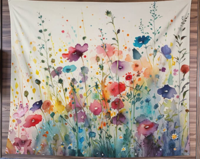 Watercolor Wildflowers Tapestry | Colorful Floral Fabric Wall Hanging | English Garden Flowers Landscape Meadow Butterflies Home Wall Décor