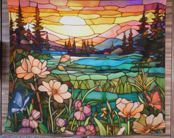 Wildflower Forest Meadow Sunset Tapestry | Stained Glass Design Landscape Wall Hanging  Floral Scenic Mountain Sunrise Wall Art Peach Green