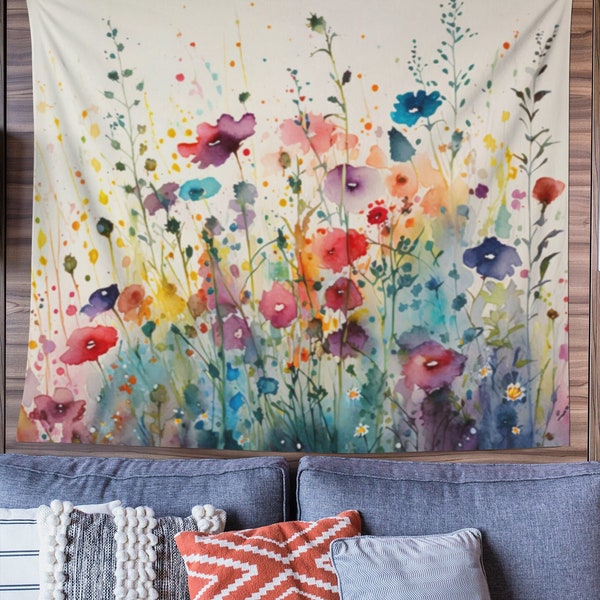 Watercolor Wildflowers Tapestry | Colorful Floral Fabric Wall Hanging | English Garden Flowers Landscape Meadow Nature Home Wall Décor