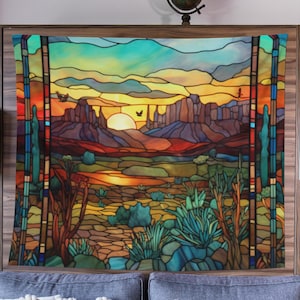 SW Desert Sunset Tapestry | Stained Glass Design Landscape Fabric Wall Hanging | Southwest Scenic Mountain Sunrise Cactus Home Wall Décor