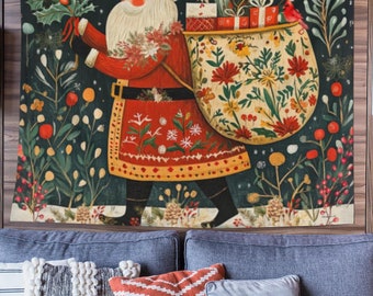 Urlaub Wandteppich | Winter Wonderland Mystische Weihnachtsmann Weihnachtsdekor | Maximale Weihnachten Wandbehang | Vintage Stil Dekoration
