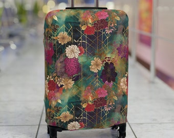 Chiyogami Flowers Luggage Cover | Floral Suitcase Protector - 3 sizes | Custom Travel Accessory | Japanese Aesthetic Green Purple Gold Pink