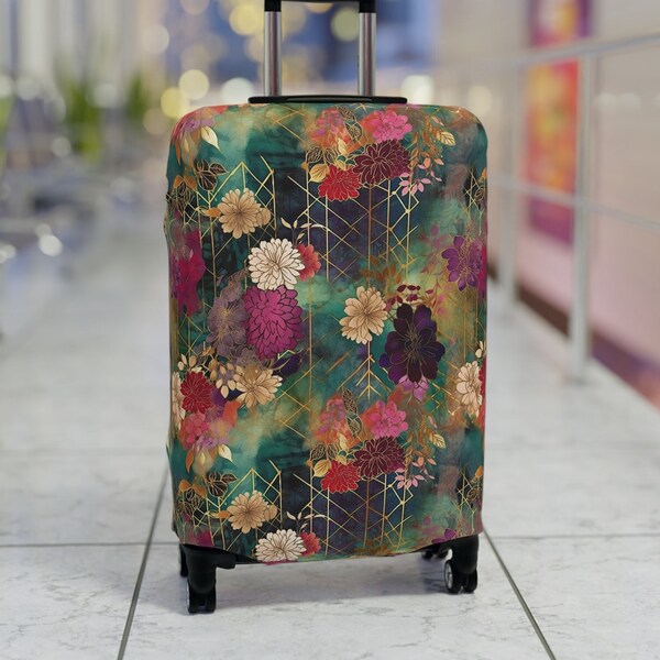 Chiyogami Flowers Luggage Cover | Floral Suitcase Protector - 3 sizes | Custom Travel Accessory | Japanese Aesthetic Green Purple Gold Pink