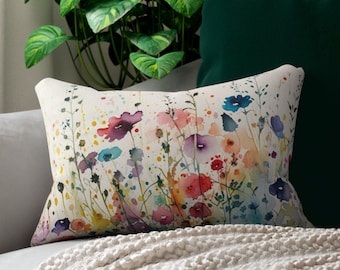 Watercolor Wildflowers Lumbar Throw Pillow | Floral Accent Pillow | Garden Flowers Home Décor | Posies Pansies Colorful | Red Blue Green *