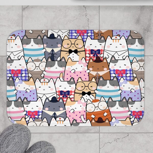 Tapis de bain chat minou | Décor de salle de bain coloré | Blanc Rose Bleu Violet | Esthétique personnalisée des animaux Chibi | Kawaii Cute Cats Décoration d'intérieur Preppy