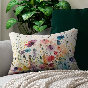 Watercolor Wildflowers Lumbar Throw Pillow | Floral Accent Pillow | Garden Flowers Home Décor | Posies Pansies Colorful | Red Blue Green