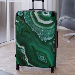 Swivel Wheel Hard Sided Suitcases - 3 sizes | Always Find Your Luggage | Green Faux Marble Malachite Geode Agate | Travel Bag Carry On