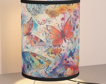 Butterfly Tripod Table Lamp | Colorful Butterflies Aesthetic Desk Tabletop Accent Lighting | Nursery Kids Craft Room | Orange Blue Purple