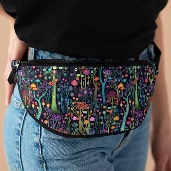 Enchanted Forest Crossbody Bag | Travel Belt Bum Bag | Hiking Cruise Festival Beach Money Belt Fanny Pack | Psychedelic Trees Shrooms  Black