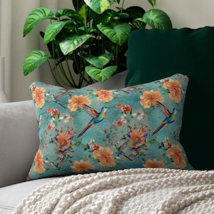 Floral Hummingbird Lumbar Throw Pillow | Colorful Accent Pillow | Maximal Home Décor | Orchids Flowers Birds | Orange Peach Green Blue