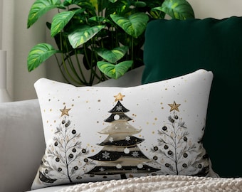 Cojín lumbar decorativo con árboles de Navidad en blanco y negro / Decoración navideña / Cojín para sofá con noche estrellada de invierno / Decoración navideña moderna para el hogar