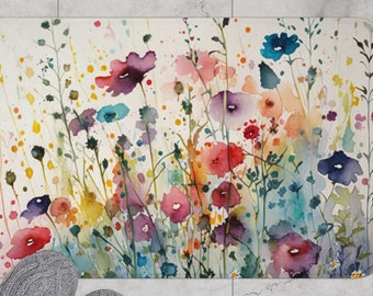 Wildblumen Badematte | Bunt Blumen Badezimmer Dekor | Weiß Grün Blau Rot Gelb | Garten Blumen Ästhetische Mikrofaser Küchen Bodenmatte