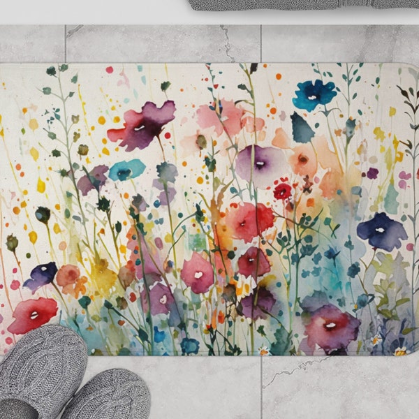 Wildflowers Bath Mat | Colorful Floral Bathroom Décor | White Green Blue Red Yellow | Garden Flowers Aesthetic Microfiber Kitchen Floor Mat