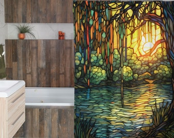 Weeping Willow Bayou Shower Curtain | Colorful Stained Glass | Bathroom Décor | Green Orange Blue Yellow | Custom Abstract Landscape Sunset