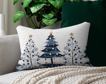 Blue Christmas Trees Lumbar Accent Pillow | Holiday Decorations | Starry Winter Night Couch Cushion | Festive Home Décor Xmas Throw Pillow
