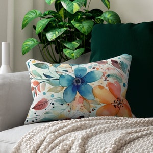 Watercolor Floral Abstract Lumbar Throw Pillow | Wildflowers Rectangular Accent | Flowers Home Décor | Posies Pansies | Orange Blue Green