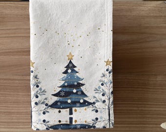 Blue Christmas Hand Tea Towel | Xmas Kitchen Bathroom Home Decor | Seasonal Hostess Gift | Christmas Trees Winter Starry Night Housewarming