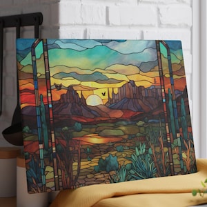 Artisan Glass Cutting Board | Stained Glass Design | SW Desert Theme Kitchen Décor | Southwest Gift | Desert Cactus Sunset Home Accessory