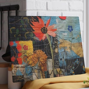 May include: A rectangular glass cutting board featuring a vibrant collage-style print of stylized flowers in shades of orange, yellow, and blue against a dark, grid-patterned background with subtle text elements and intricate black line work.