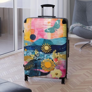 Swivel Wheel Hard Sided Suitcases - 3 sizes | Colorful Mixed Media Floral Collage Art Luggage | Modern Boho Eclectic Cary On Travel Bag