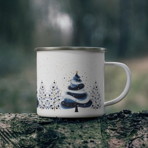 Enamel Camping Mug | Christmas Stainless Steel Metal Coffee Cup | Traditionalist Xmas Winter | Camping Hiking Roughing It | Blue White Gold