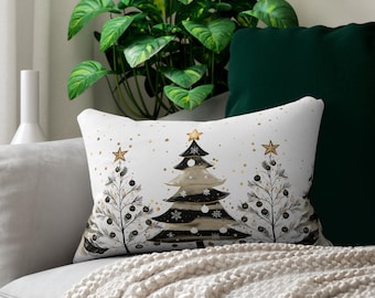 Black & White Christmas Trees Lumbar Pillow, Starry Winter Night Throw Pillow, Modern Xmas Home Decor, Holiday Accent Cushion