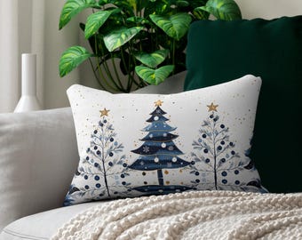 Blue Christmas Trees Lumbar Accent Pillow | Holiday Decorations | Starry Night Winter Couch Cushion | Festive Home Décor Xmas Throw Pillow