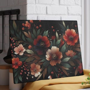 Artisan Glass Cutting Board | Dark Floral Design | Poppy Theme Kitchen Décor | Modern Art Botanical Gift | Black Red Green Home Accessory