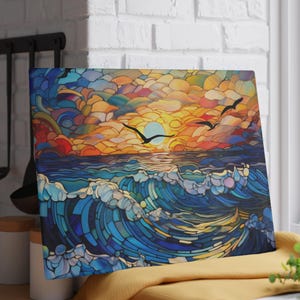 Artisan Glass Cutting Board | Stained Glass Design | Ocean Theme Kitchen Décor | Nautical Coastal Beachy Gift | Beach Sunset Home Accessory