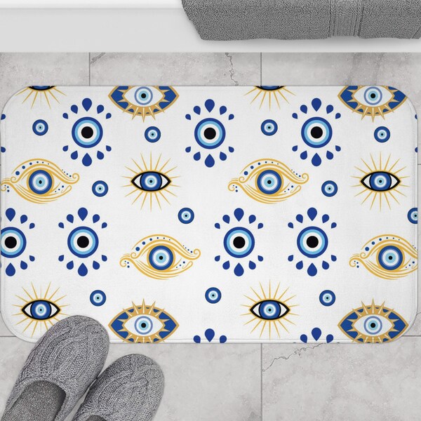 Tapis de bain Evil Eye Nazar Amulet | Décor de salle de bain coloré | Blanc Bleu Jaune | Boho spirituel méditerranéen personnalisé | Douche design unique