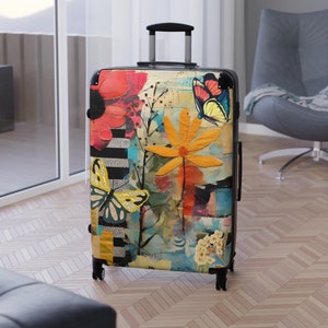 Swivel Wheel Hard Sided Suitcases - 3 sizes | Colorful Mixed Media Floral Collage Art Luggage | Modern Artistic Travel Bag Bold Maximal Vibe