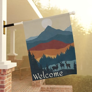 Garden & House Banner | Retro Americana Mountain Sunset Welcome Sign | Custom Outdoor House Yard Decoration 4 Season Flag Summer Fall Decor