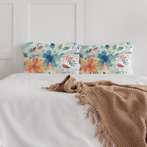 Watercolor Floral Abstract Pillow Sham | King/Standard Pillowcase | Colorful Dorm Bedding | Bohemian Wildflower Aesthetic Blue Orange Green