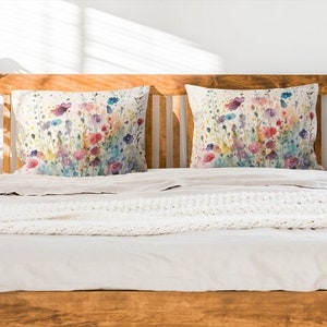 Watercolor Wildflowers Pillow Sham | Standard & King Pillowcase Pillow Cover | White Green Red Blue Floral Bedding | Garden Flower Aesthetic