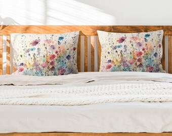 Watercolor Wildflower Flanged Pillow Sham | Standard & King Pillowcase Pillow Cover | White Green Red Floral Bedding Garden Flower Aesthetic