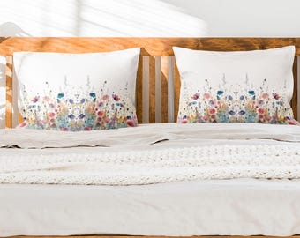 Watercolor Wildflowers Pillow Sham | Standard & King Pillowcase Pillow Cover | White Floral Cotton Bedding Garden Flower Aesthetic