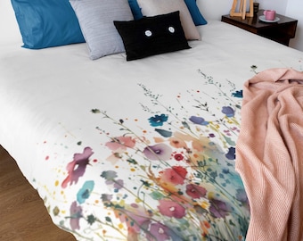 Watercolor Wildflowers Cotton Duvet Cover | Colorful Floral Queen King Twin XL Bedding | White Green Red | Garden Flowers Runner Bedspread